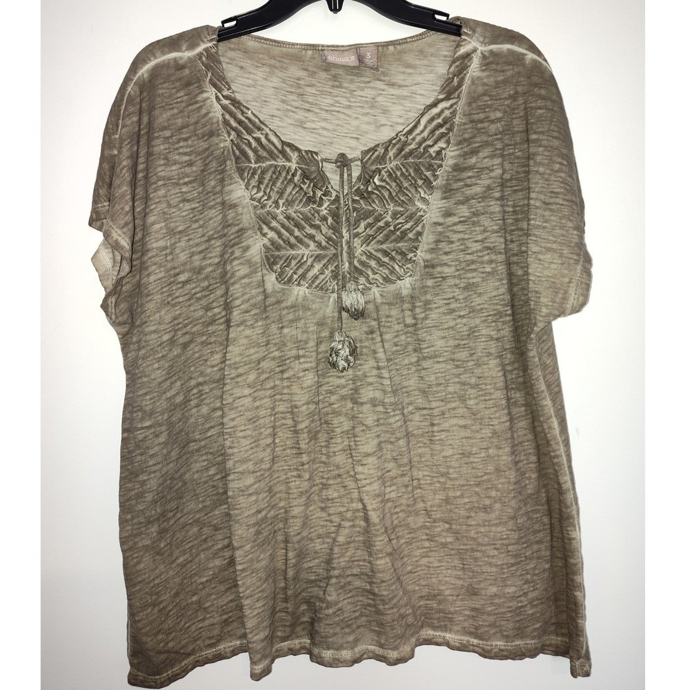 Chicos Size 3 Large XL Taupe Olive Burnout Tassel Tie Neck ShorSleeve Top Cotton - Picture 1 of 5